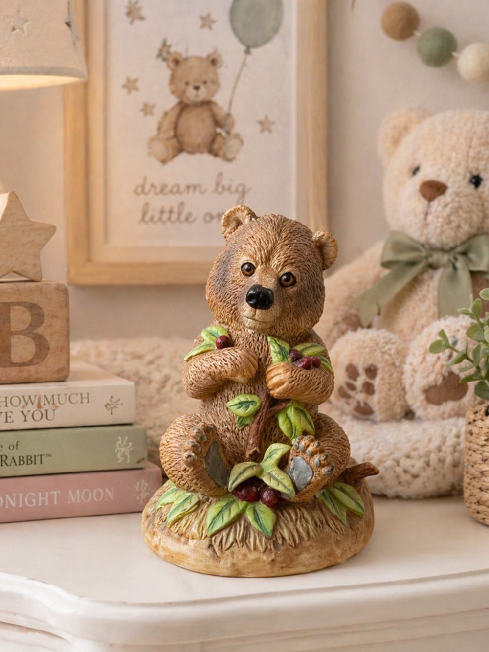 VTG Brown Bear Figurine with Berries Woodland Nursery Cottagecore Decor 1980s